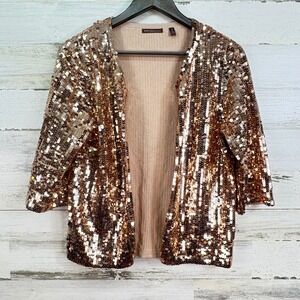 525‎ America Womens M Rose Gold Sequin Open Front 3/4 Sleeve Cardigan Sweater